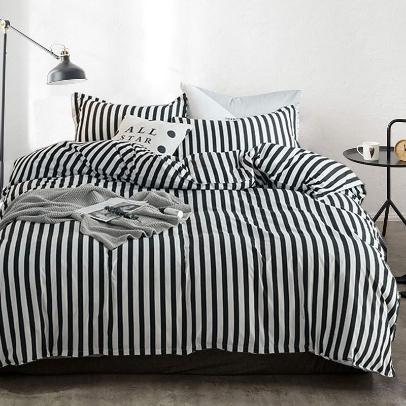 Cottonight Striped Comforter Set Queen White and Black Striped Comforter Full Vertical Modern Cotton Soft Breathable Bedding Comforter Set for Women Men Adults Kids - Image 1
